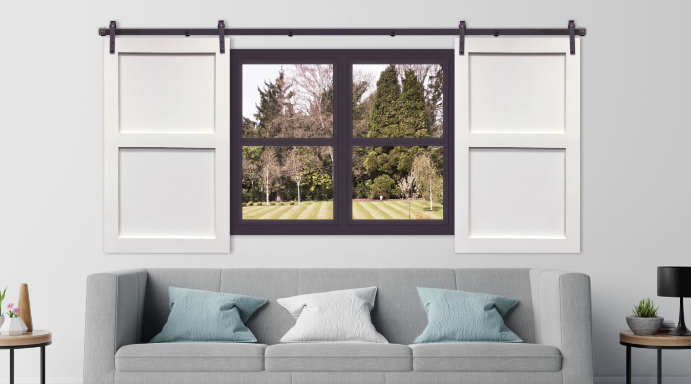 White barn door shutter in modern Fort Myers living room